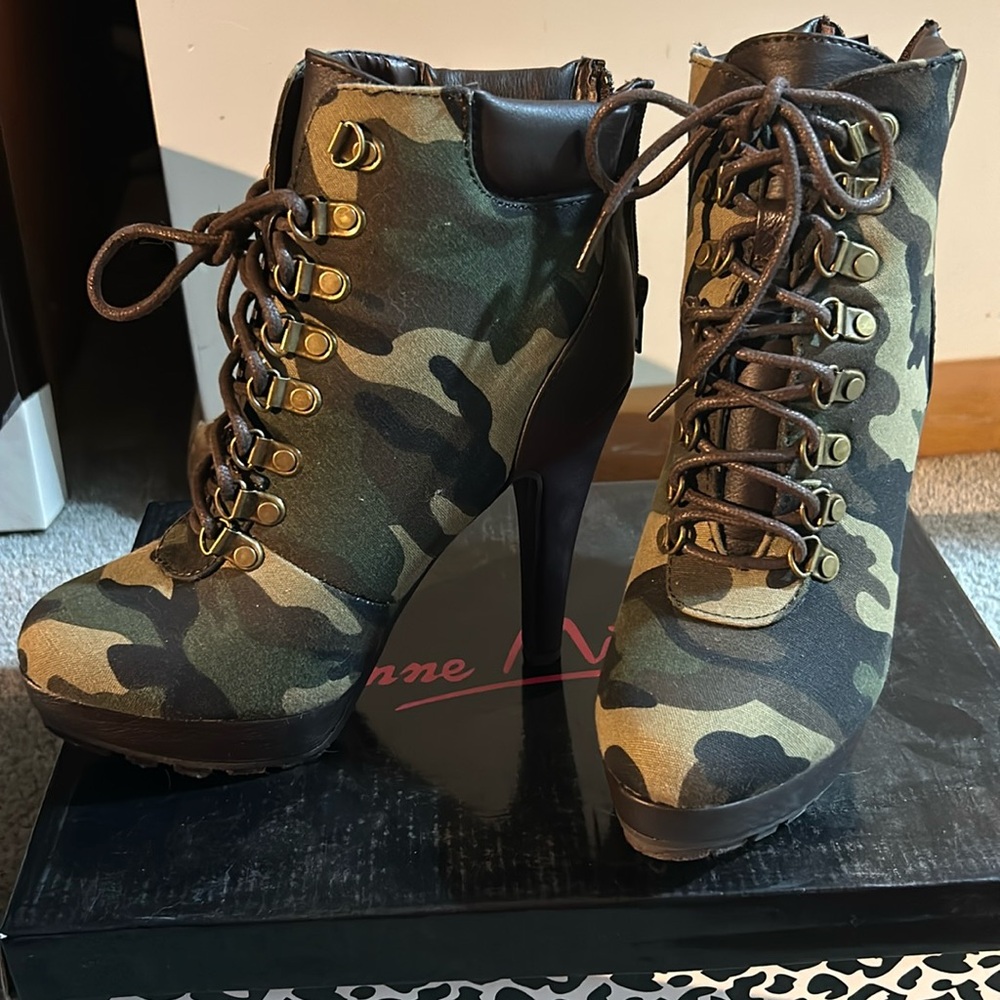 Camouflage high heel booties size 8